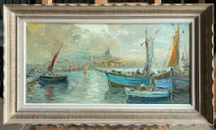 Very Large 1950's French Impressionist Oil Marseille Harbour Fishing Boats