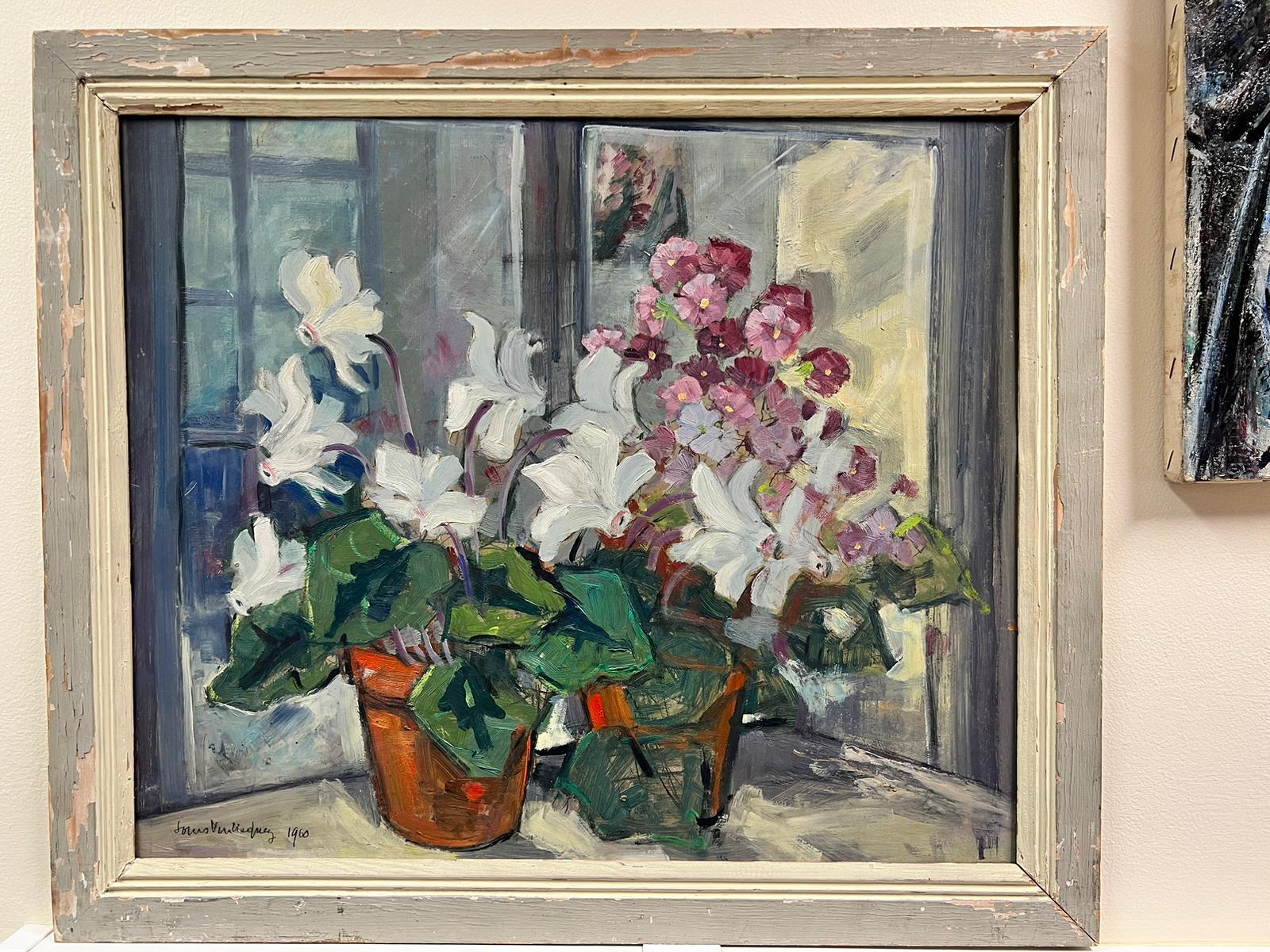 Französische impressionistische Vintage-Vase mit weißen Blumen in Öl, signiert, Original grauer Rahmen – Painting von French School