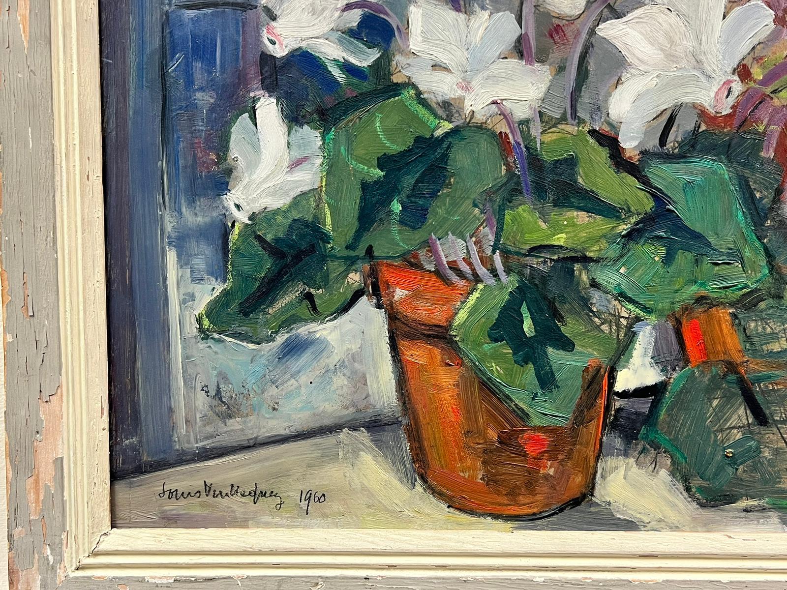 Französische impressionistische Vintage-Vase mit weißen Blumen in Öl, signiert, Original grauer Rahmen (Post-Impressionismus), Painting, von French School