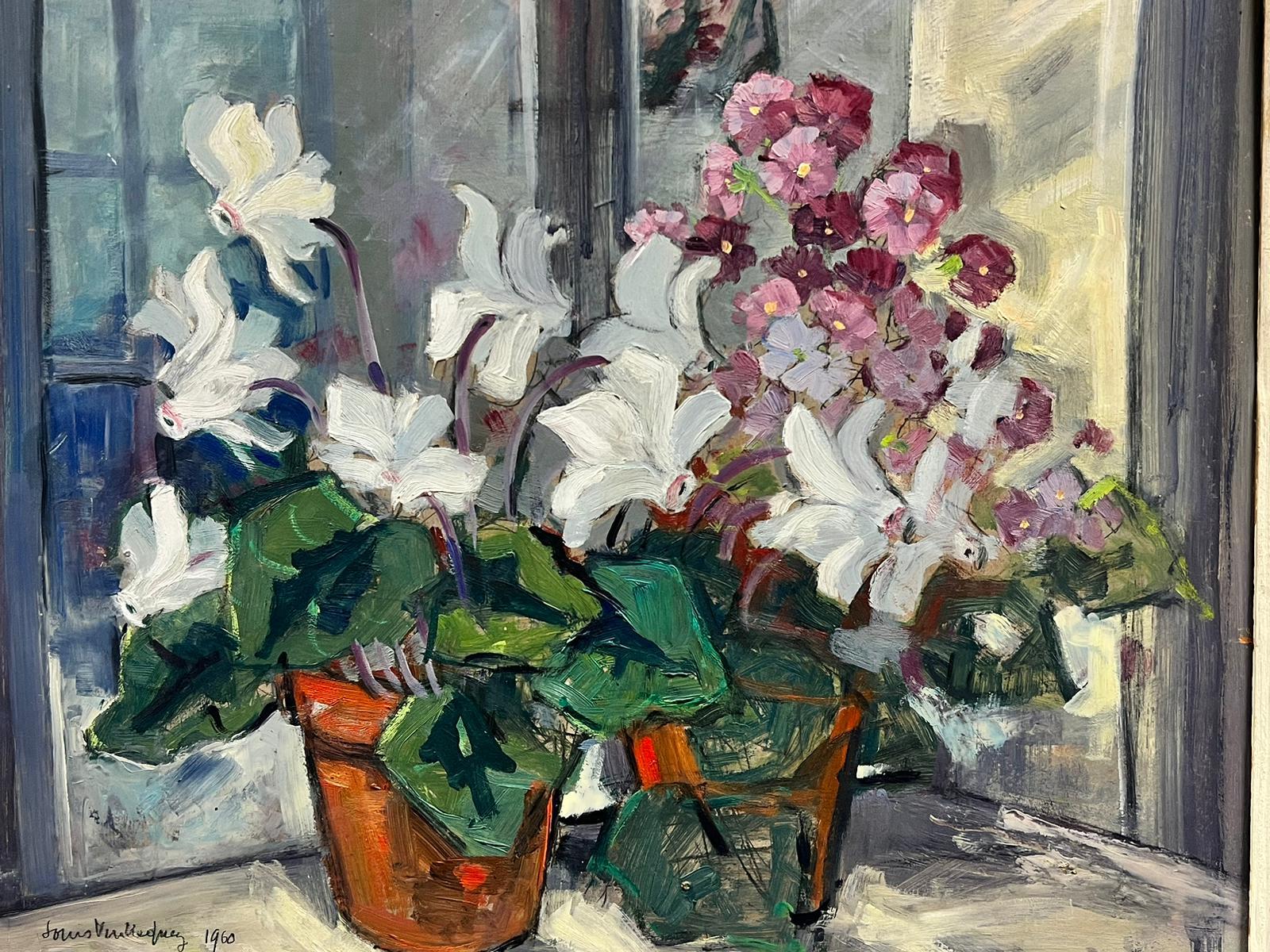 Flowers in the Windowsill
French artist, signed oil painting on board, framed
dated 1960
framed: 21.5 x 25 inches
board: 18 x 22 inches
provenance: private collection, France 
condition: overall very good, damaged frame