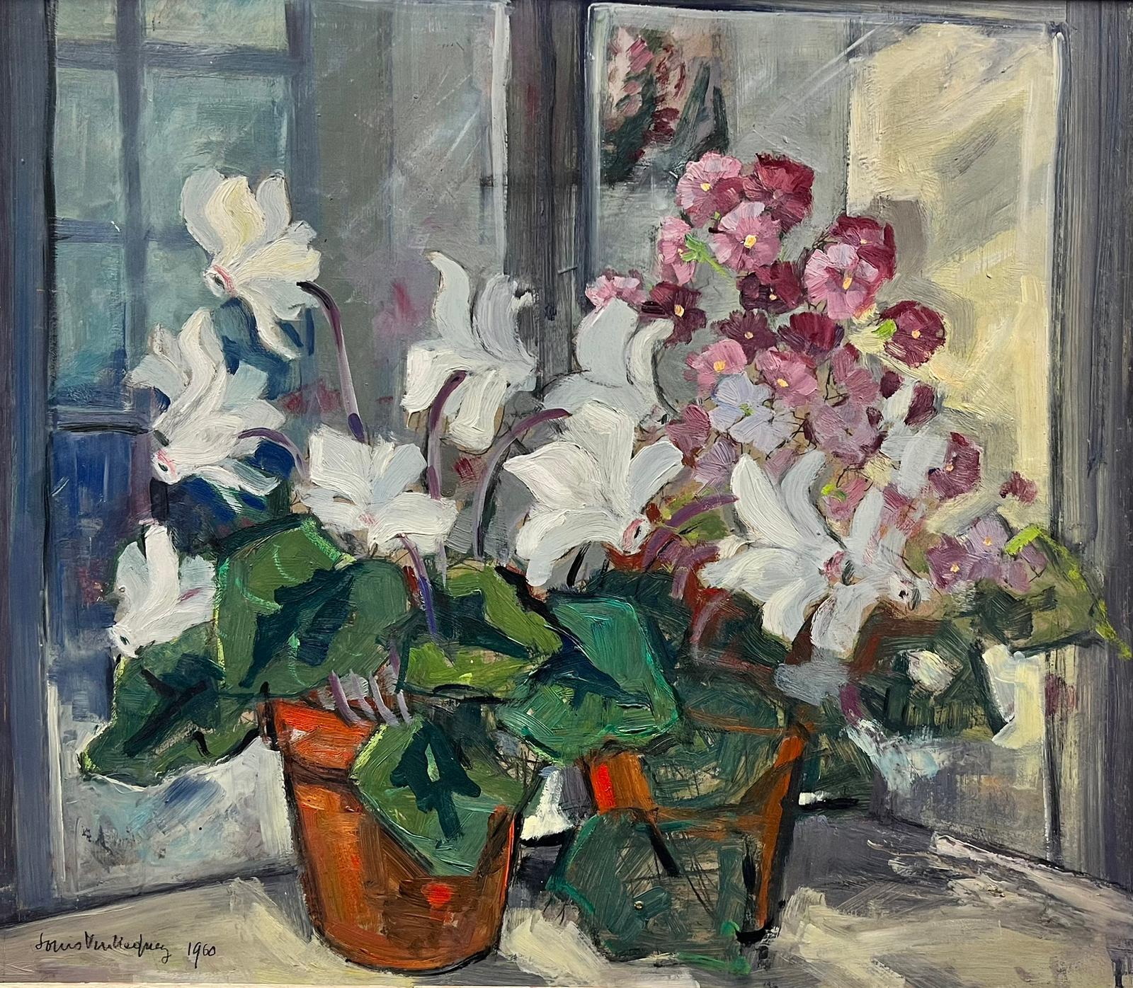 Französische impressionistische Vintage-Vase mit weißen Blumen in Öl, signiert, Original grauer Rahmen im Angebot 1