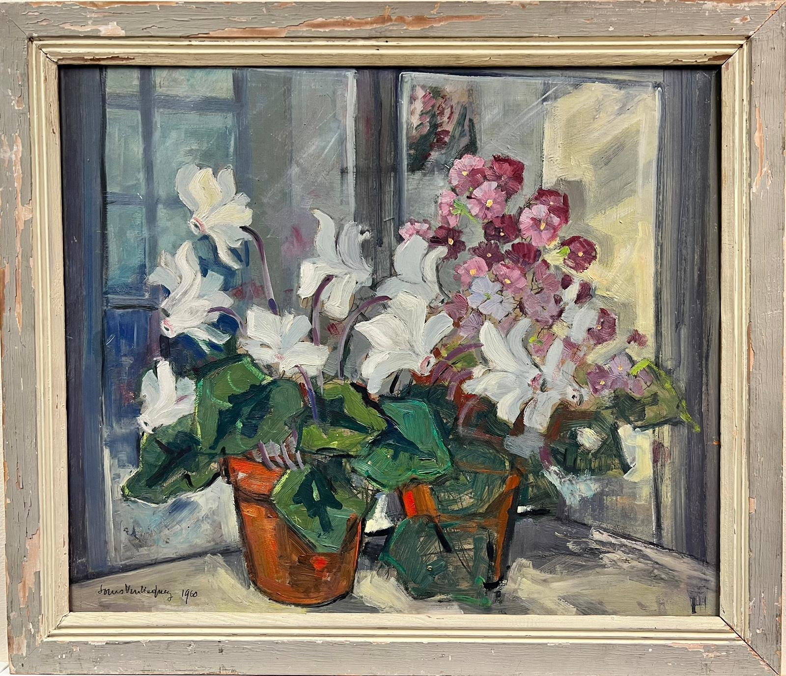 French School Interior Painting – Französische impressionistische Vintage-Vase mit weißen Blumen in Öl, signiert, Original grauer Rahmen