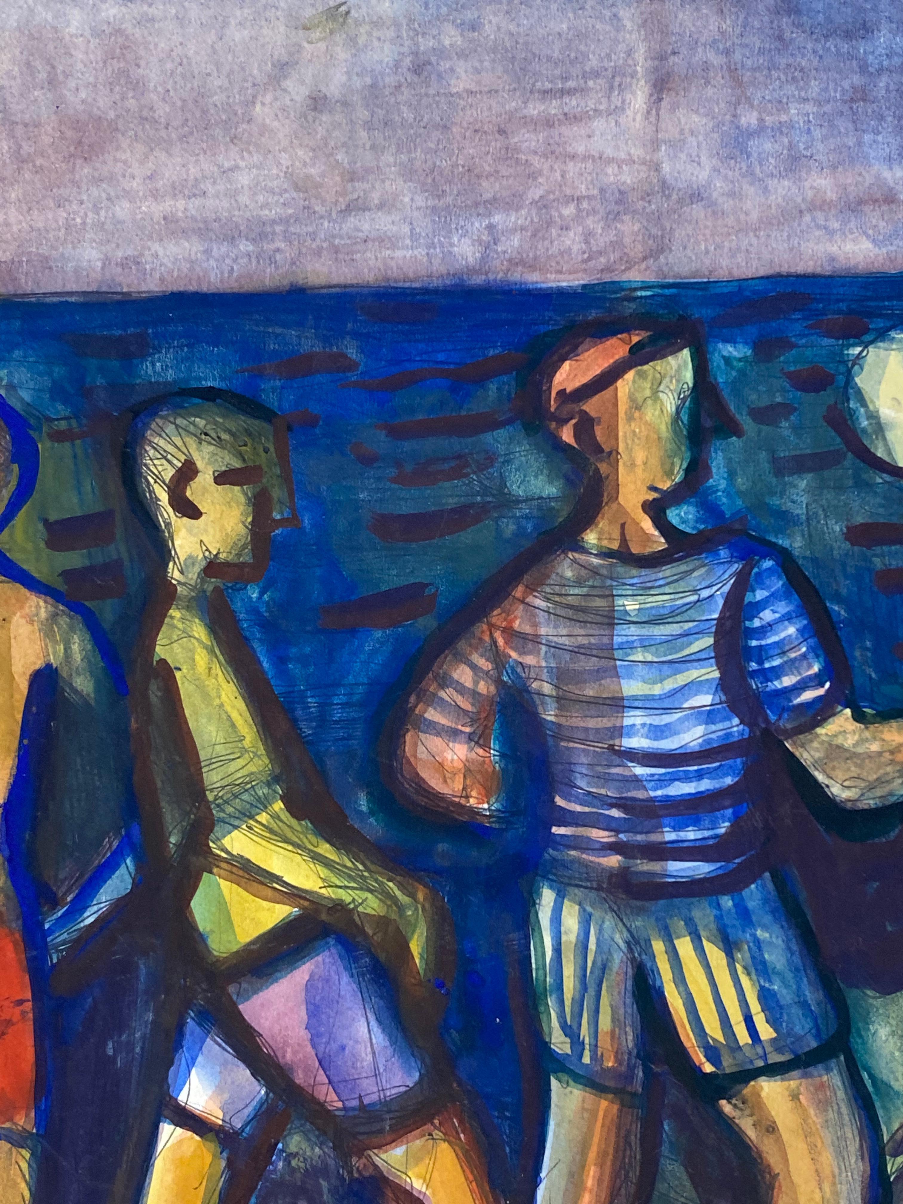 1950's French Fauvist Painting - Fishermen Sailors on the Beach - Colourful - Purple Figurative Painting by Unknown
