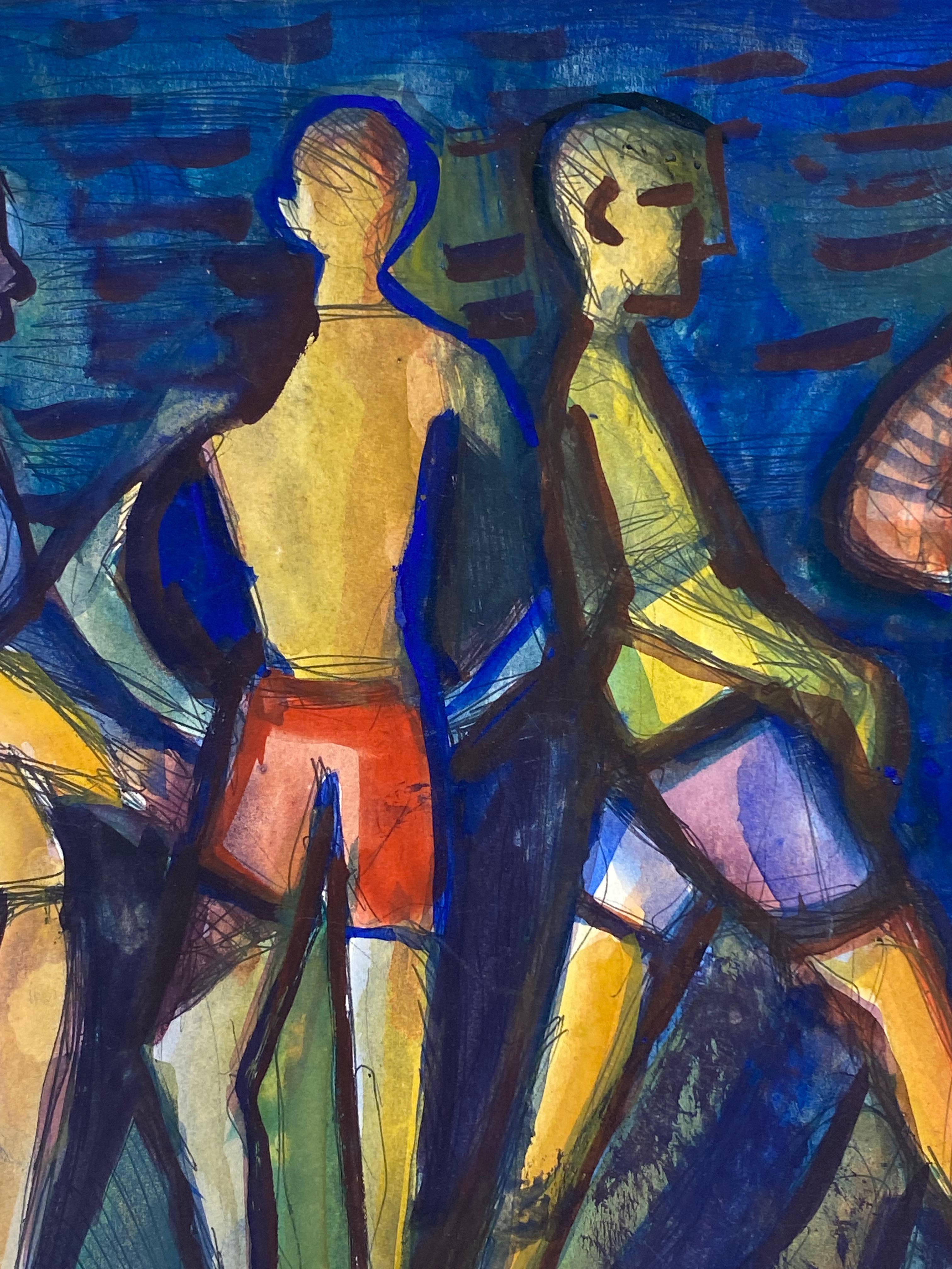 1950's French Fauvist Painting - Fishermen Sailors on the Beach - Colourful 1