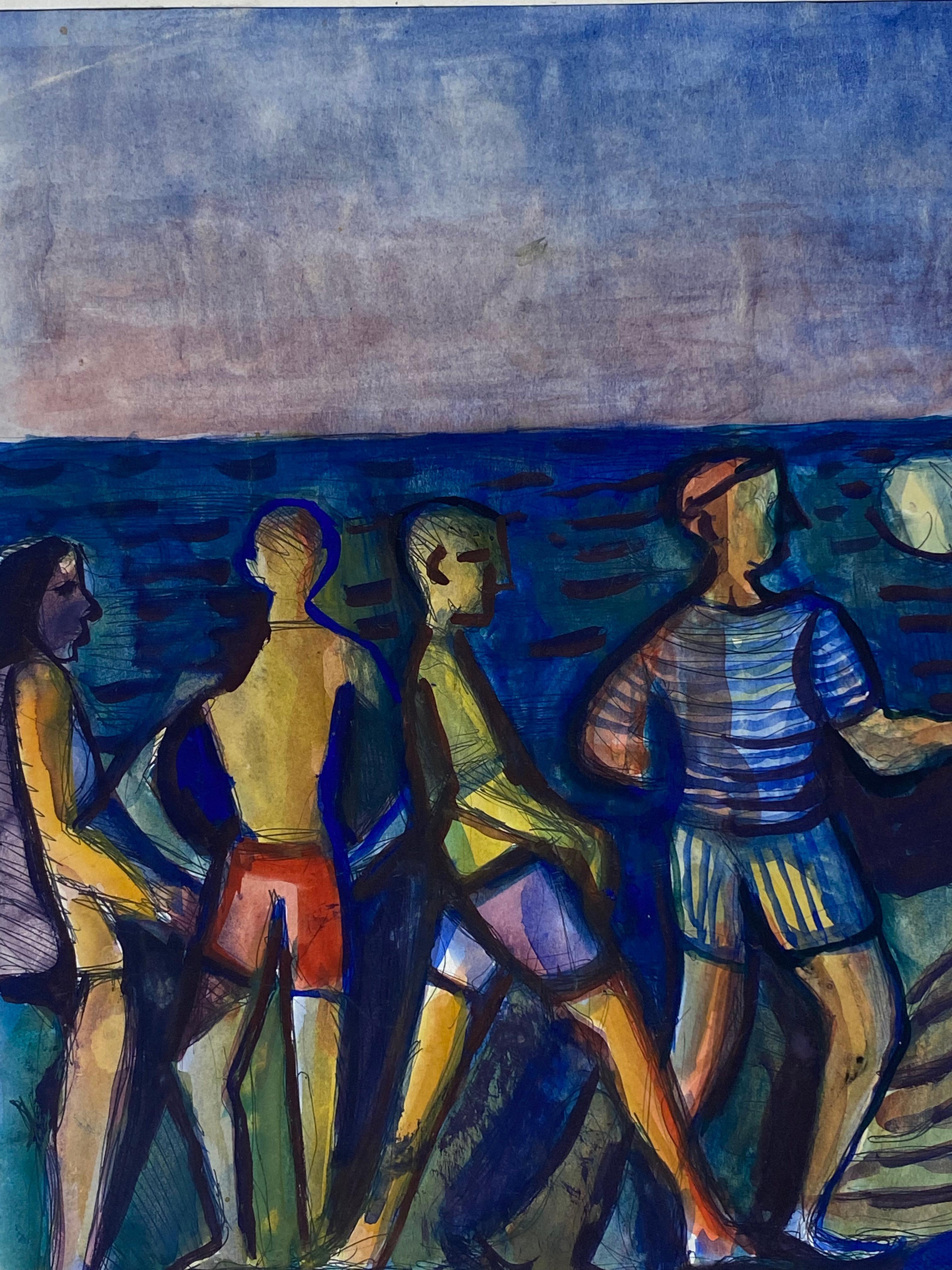 Unknown Figurative Painting - 1950's French Fauvist Painting - Fishermen Sailors on the Beach - Colourful