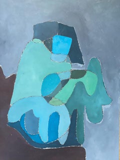 1980's French Cubist Abstract Composition Large Painting Blues Greens & Greys