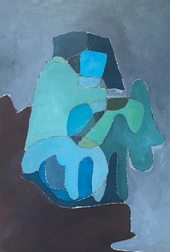 1980's French Cubist Abstract Composition Large Painting Blues Greens & Greys