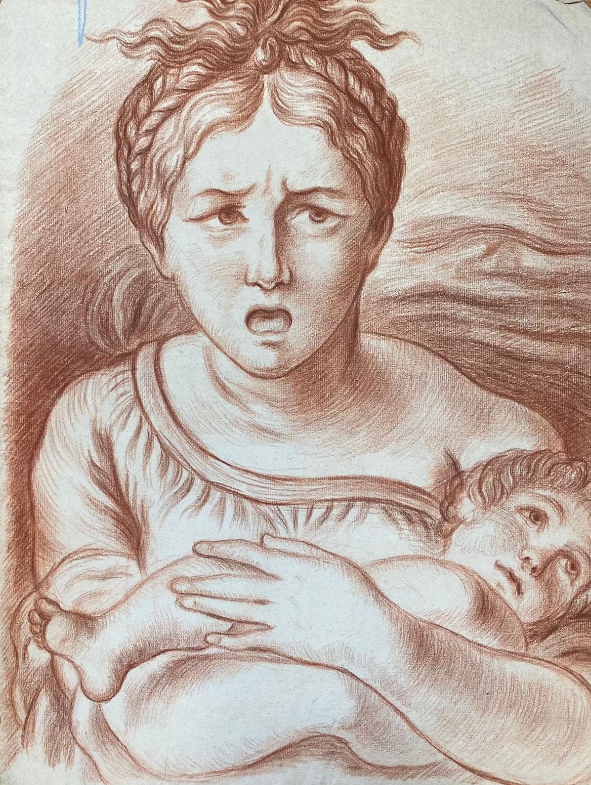 Antique French Old Master Sanguine Chalk Drawing Mother & Child portrait