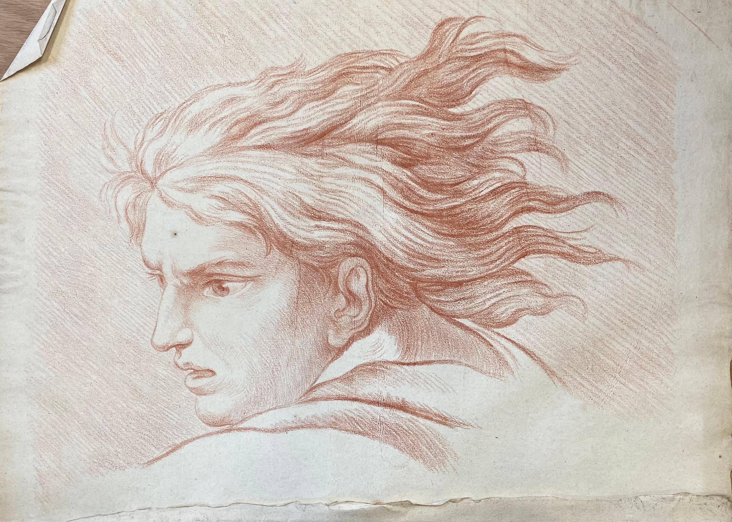 Fine Antique French Old Master Sanguine Drawing Portrait of Man Flowing Hair - Painting by Unknown