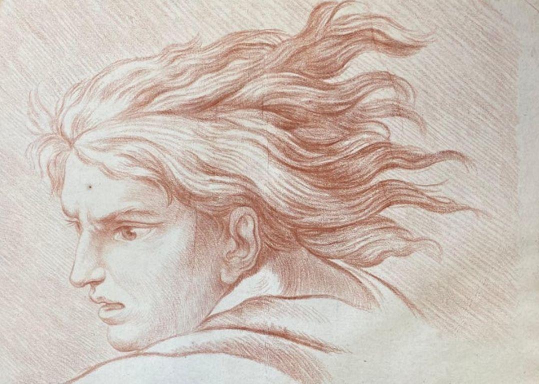 Fine Antique French Old Master Sanguine Drawing Portrait of Man Flowing Hair