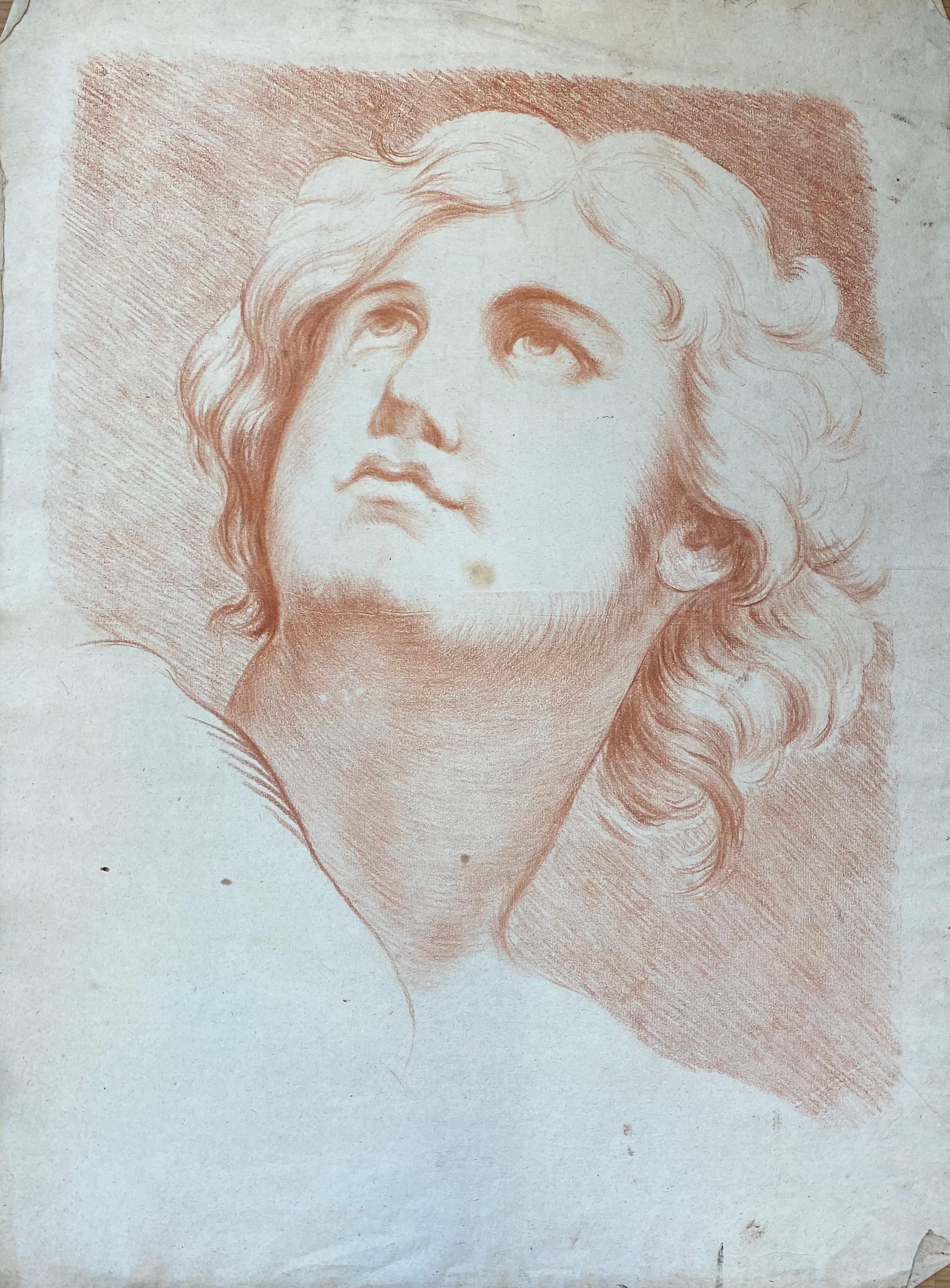 Unknown Portrait Painting - Old Master Sanguine Chalk Drawing Head Portrait Figure to the Sky