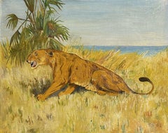 ANTIQUE FRENCH OIL - LIONESS IN LONG GRASS AFRICAN LANDSCAPE 