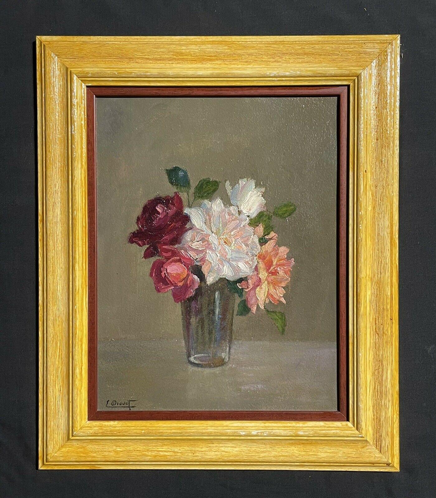 SIGNED FRENCH VINTAGE OIL PAINTING - STILL LIFE ROSES IN GLASS VASE - Painting by Unknown