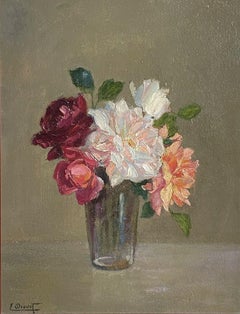 SIGNED FRENCH VINTAGE OIL PAINTING - STILL LIFE ROSES IN GLASS VASE