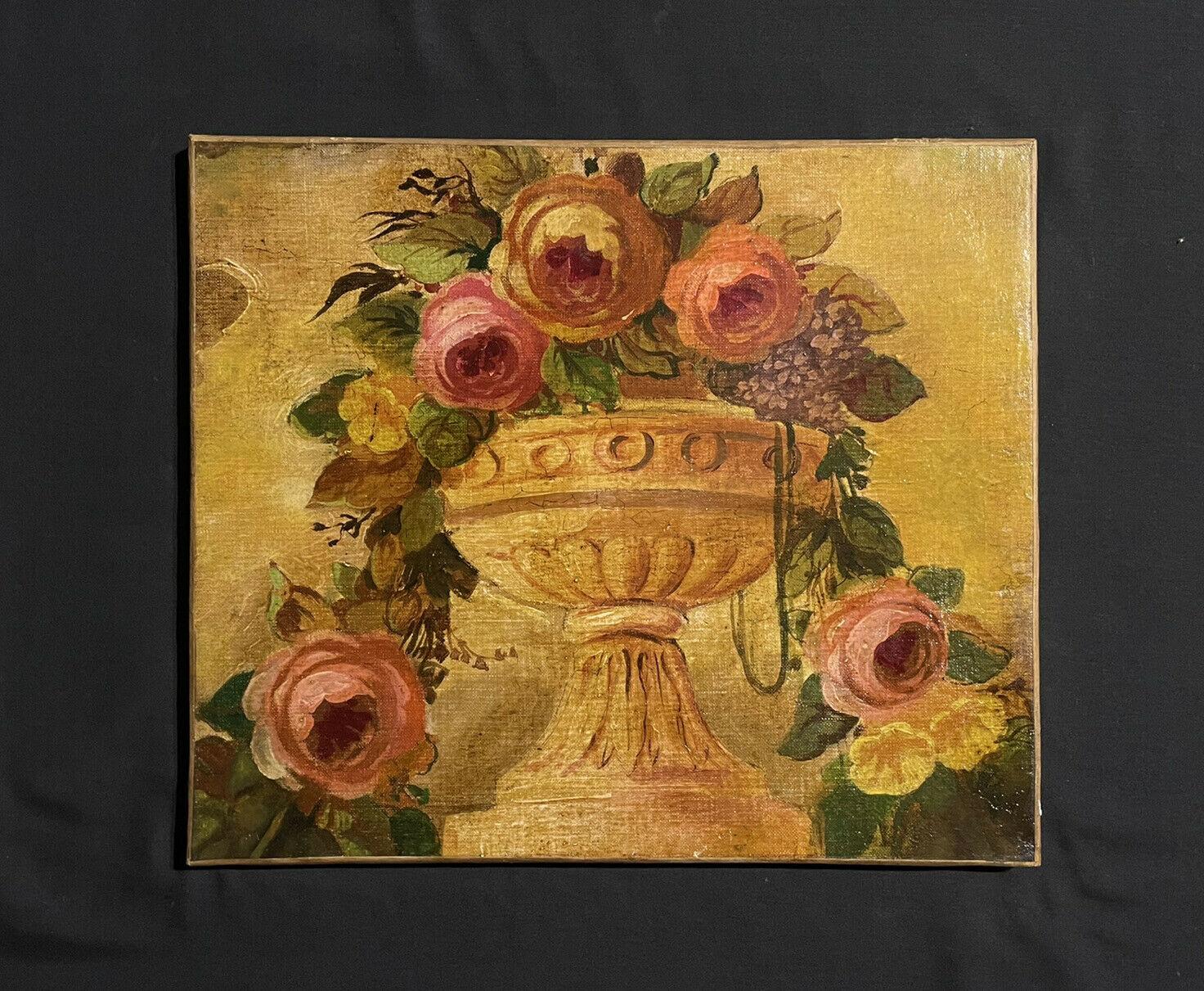 ANTIQUE FRENCH ROCOCO OIL PAINTING - ORNATE FLOWERS IN STONE URN - Painting by Unknown