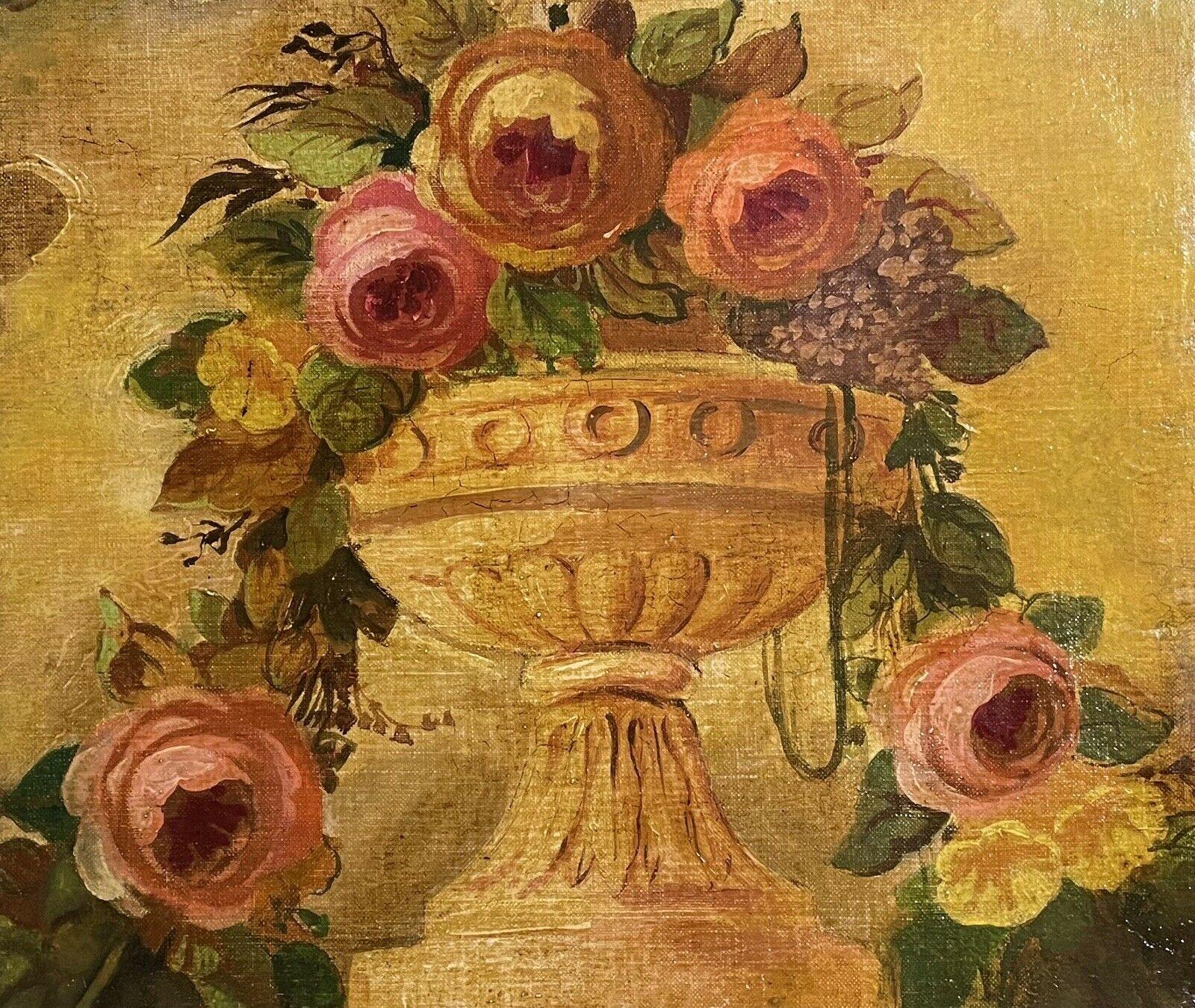 Unknown Landscape Painting - ANTIQUE FRENCH ROCOCO OIL PAINTING - ORNATE FLOWERS IN STONE URN