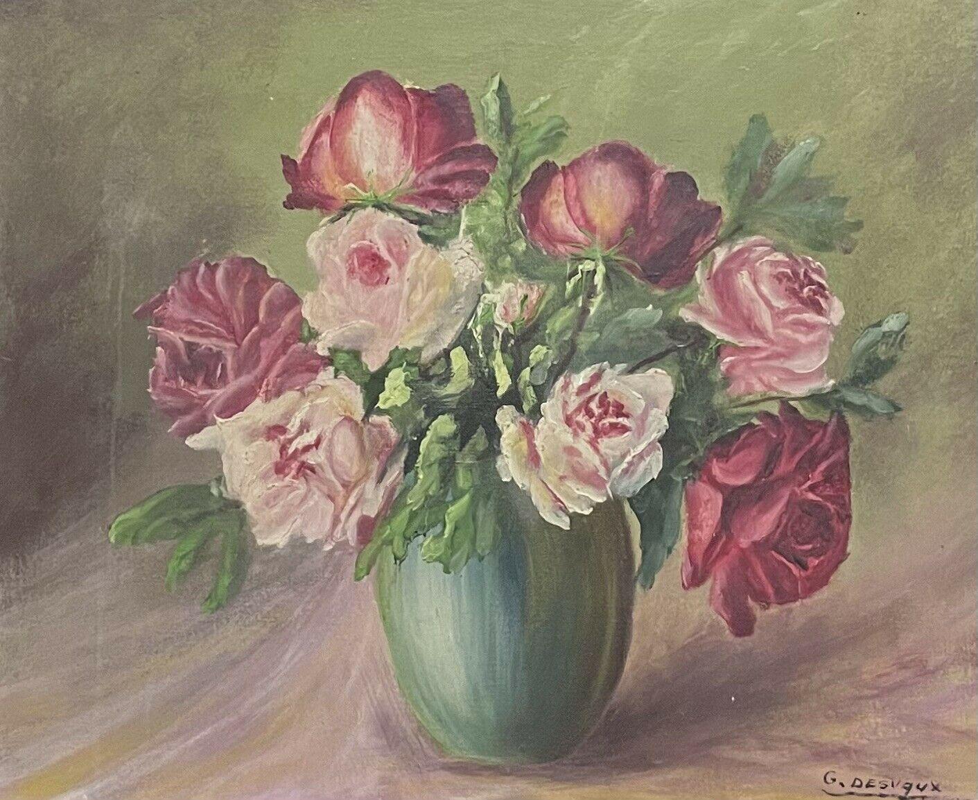 1950's Vintage French Impressionist Signed Oil Pink Roses in Vase Framed - Painting by Unknown