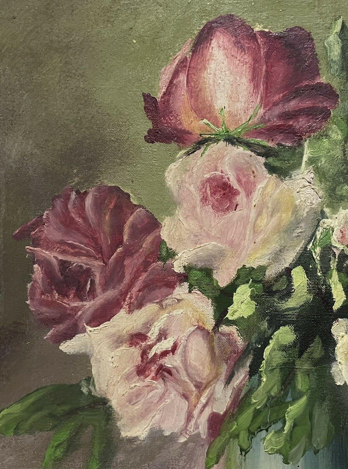 1950's Vintage French Impressionist Signed Oil Pink Roses in Vase Framed - Black Still-Life Painting by Unknown