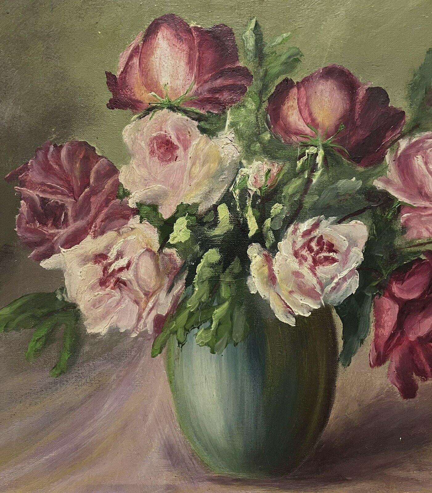 Artist/ School: French School, mid 20th century, signed

Title: pink roses in vase

Medium: oil painting on canvas, framed, signed.

Size:     framed: 20.25 x 23.5 
           painting: 15 x 18 inches
               depth:  3.5 inches

Provenance: