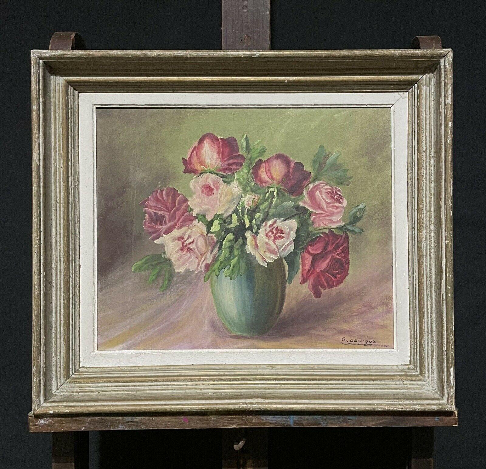 Unknown Still-Life Painting - 1950's Vintage French Impressionist Signed Oil Pink Roses in Vase Framed