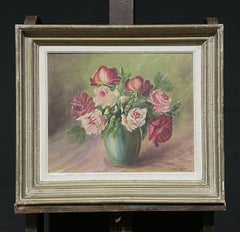 1950's Vintage French Impressionist Signed Oil Pink Roses in Vase Framed