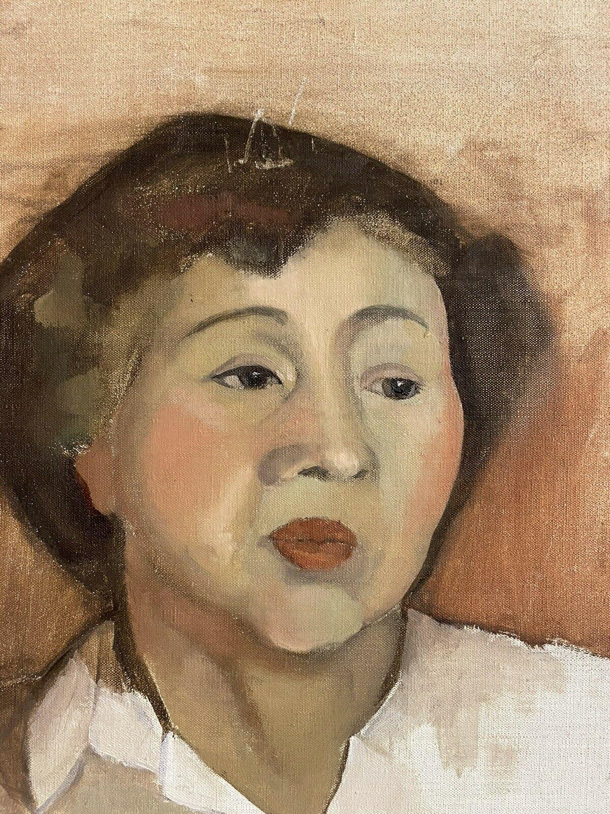MID 20TH CENTURY FRENCH PORTRAIT SKETCH OF YOUNG WOMAN - OIL ON CANVAS - Beige Portrait Painting by Unknown