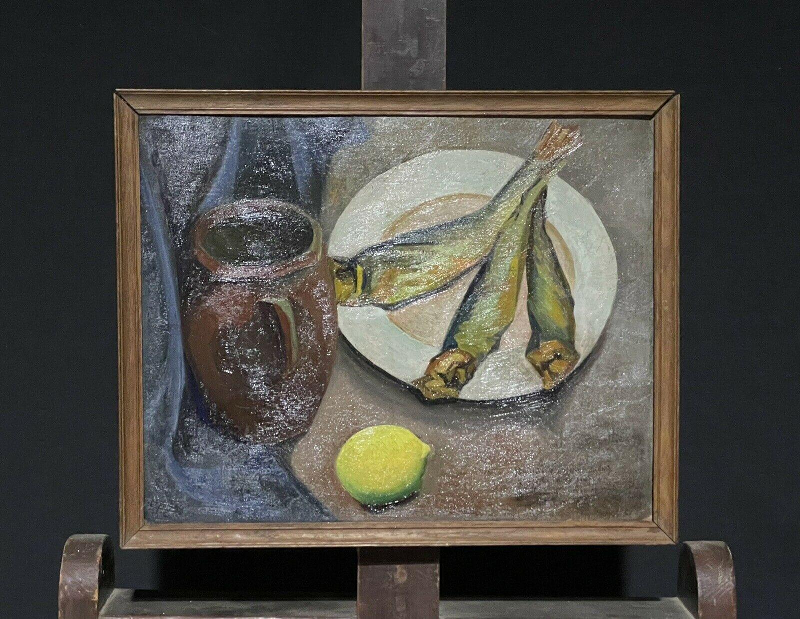 MID 20TH CENTURY FRENCH MODERNIST STILL LIFE - FISH LEMON KITCHEN TABLE - Painting by Unknown