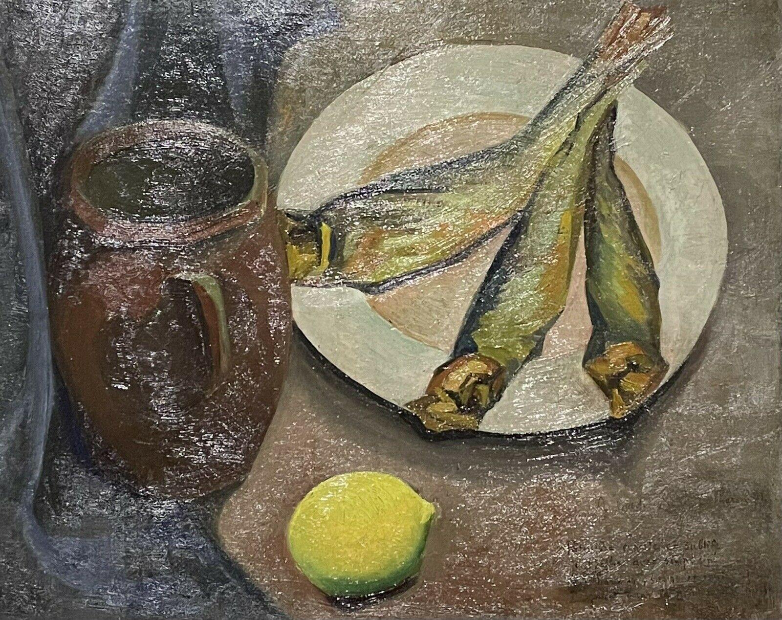 Unknown Still-Life Painting - MID 20TH CENTURY FRENCH MODERNIST STILL LIFE - FISH LEMON KITCHEN TABLE