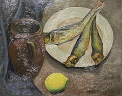 MID 20TH CENTURY FRENCH MODERNIST STILL LIFE - FISH LEMON KITCHEN TABLE