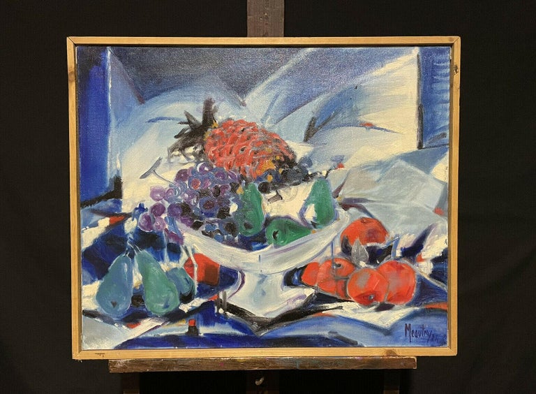 Large French Signed Oil - Cubist Still Life Interior Scene Bright Colors Fruit - Painting by French School