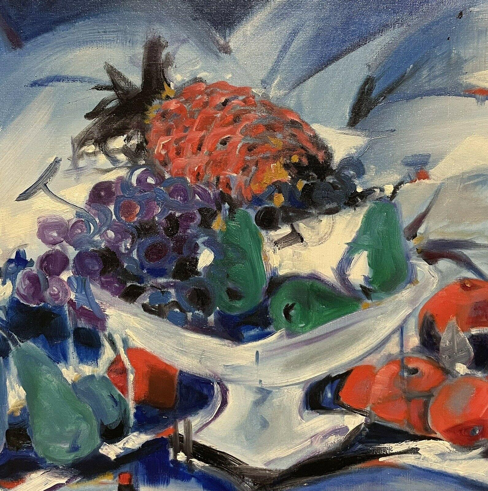 Large French Signed Oil - Cubist Still Life Interior Scene Bright Colors Fruit - Abstract Expressionist Painting by French School