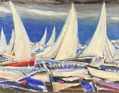 RACING YACHTS FLOTILLA - SIGNED FRENCH MODERNIST OIL PAINTING 20TH CENTURY