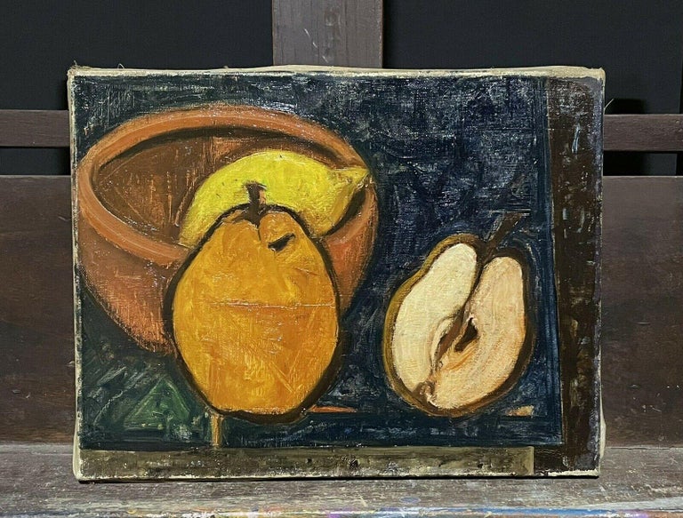 1950'S FRENCH MODERNIST STILL LIFE OIL PAINTING - FRUIT ON TABLE - LEMON & PEAR - Painting by French School