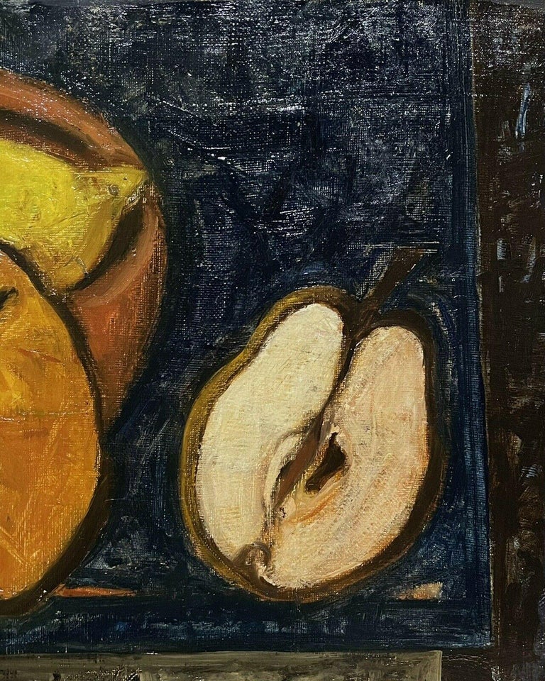 1950'S FRENCH MODERNIST STILL LIFE OIL PAINTING - FRUIT ON TABLE - LEMON & PEAR - Black Still-Life Painting by French School