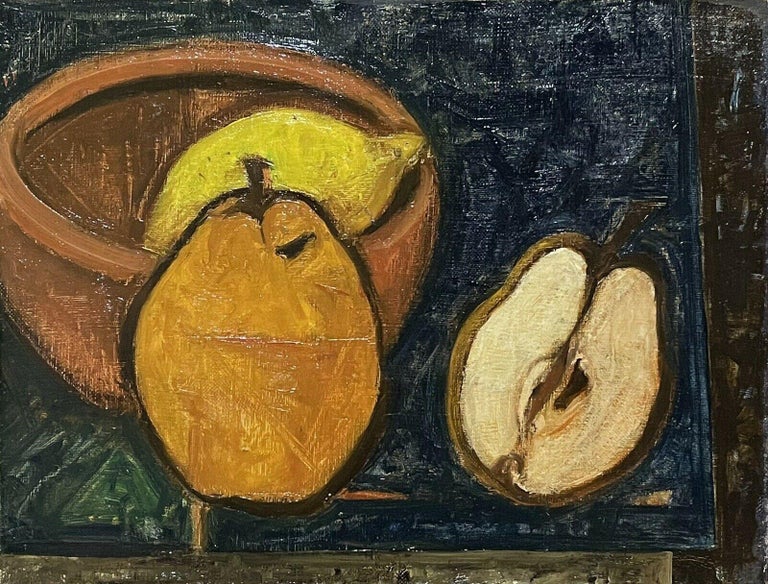 French School Still-Life Painting - 1950'S FRENCH MODERNIST STILL LIFE OIL PAINTING - FRUIT ON TABLE - LEMON & PEAR