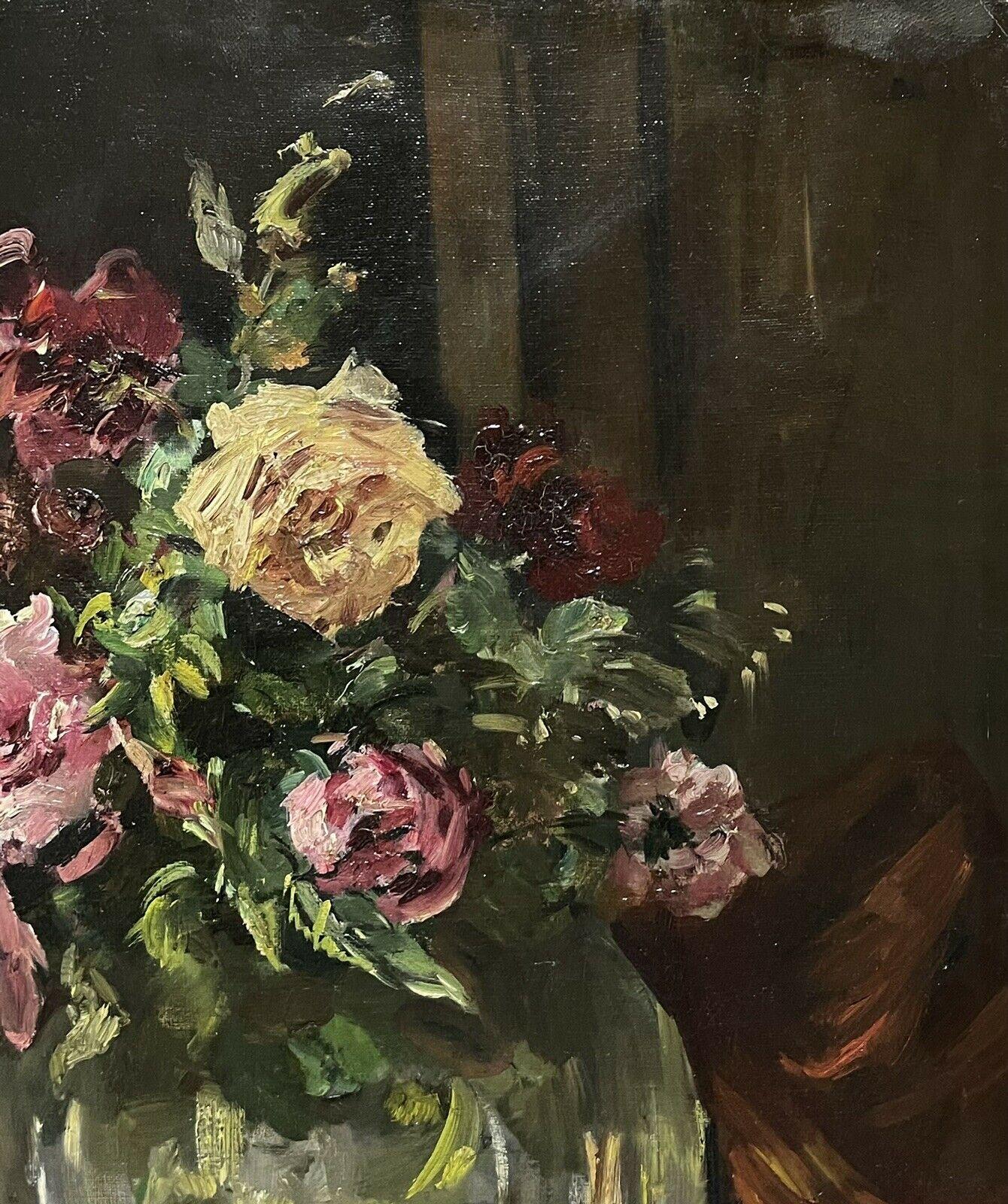 Artist/ School:
French School, mid 20th century, signed

Title:
still life of roses in glass bowl

Medium:
oil painting on canvas, unframed

Size: 
painting:  21 x 17.5 inches

Provenance:
private collection, France

Condition:
The painting is in