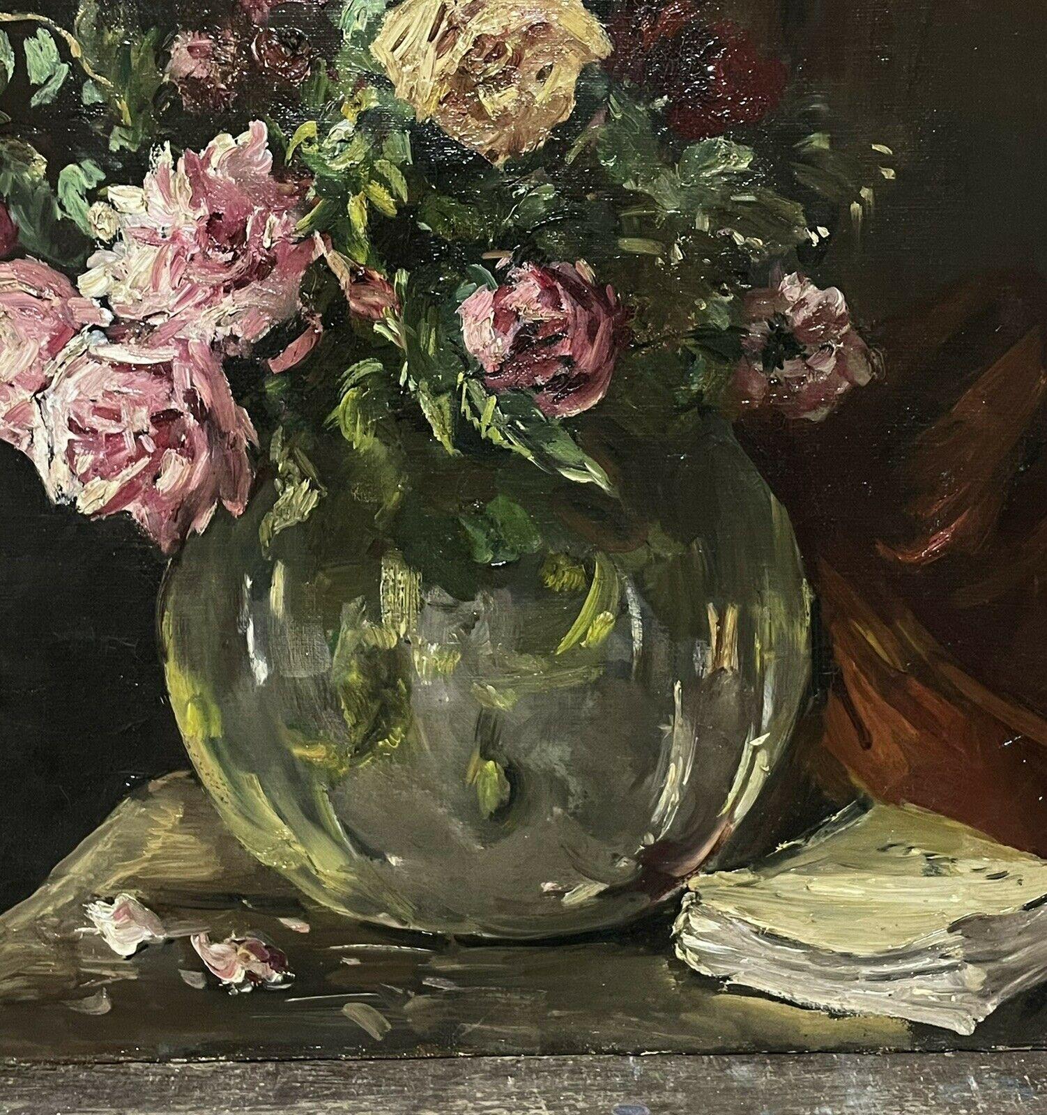FRENCH MID CENTURY VINTAGE FLOWER OIL PAINTING - STILL LIFE ROSES IN GLASS BOWL 2