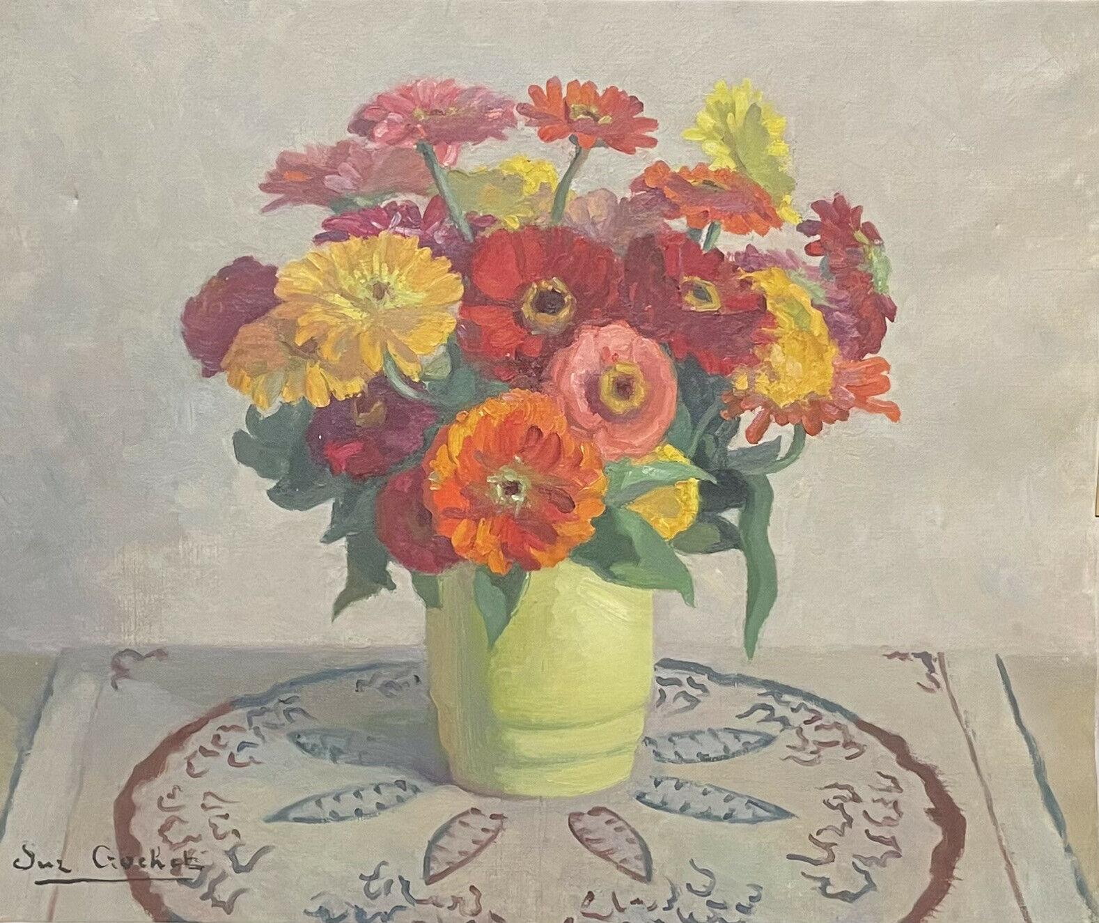 1930's FRENCH SIGNED VINTAGE OIL PAINTING - FLOWERS IN YELLOW VASE INTERIOR - Painting by Unknown