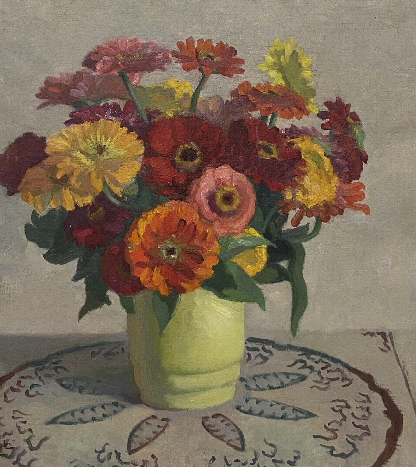1930's FRENCH SIGNED VINTAGE OIL PAINTING - FLOWERS IN YELLOW VASE INTERIOR - Yellow Still-Life Painting by Unknown