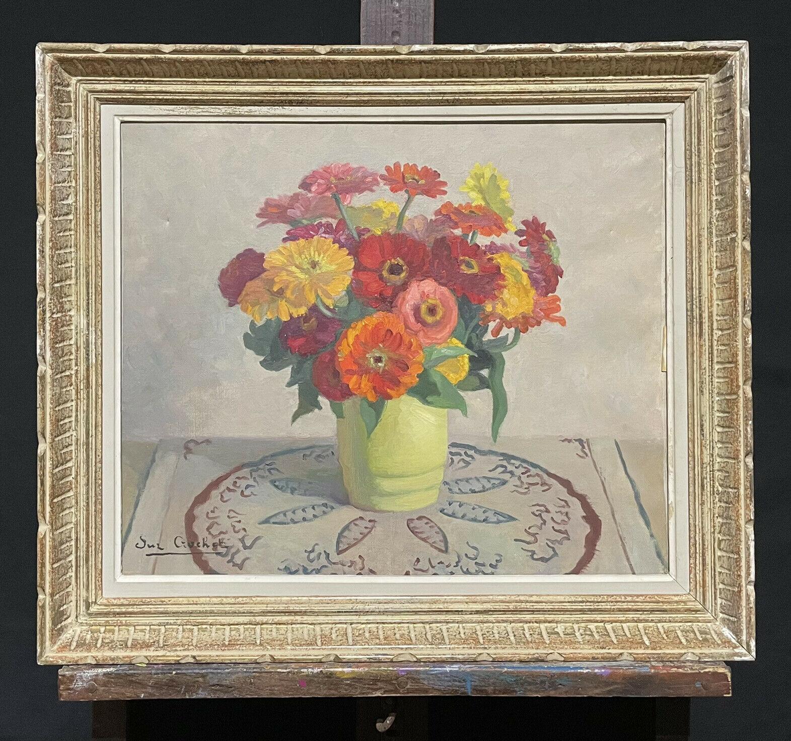 Unknown Still-Life Painting - 1930's FRENCH SIGNED VINTAGE OIL PAINTING - FLOWERS IN YELLOW VASE INTERIOR