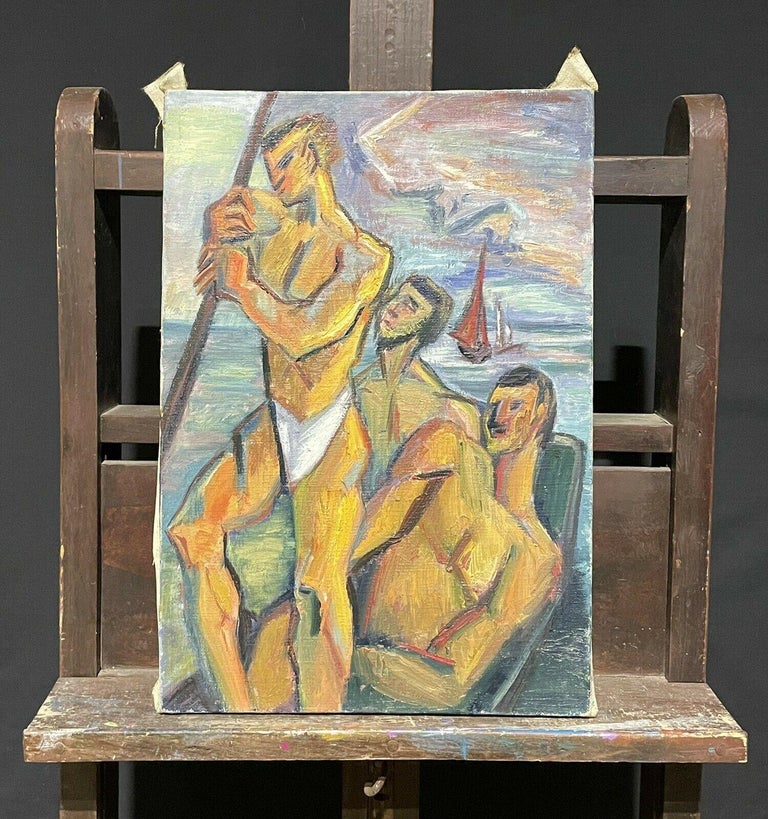 1950's French Cubist Oil Three Semi Nude Muscular Men in Fishing Boat at Sea - Painting by French School