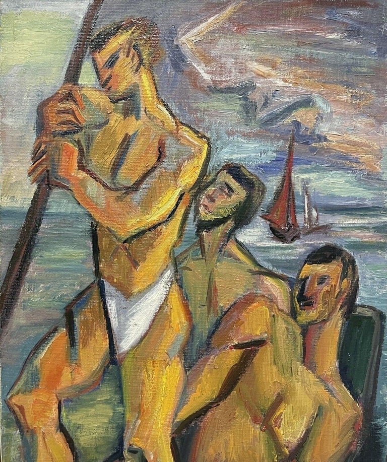 1950's French Cubist Oil Three Semi Nude Muscular Men in Fishing Boat at Sea - Brown Nude Painting by French School