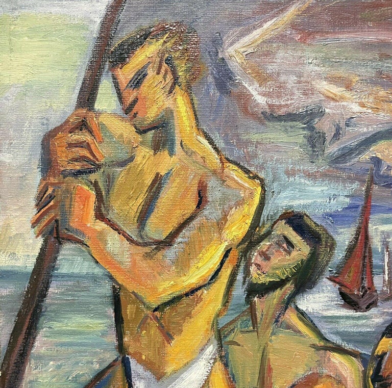 1950's French Cubist Oil Three Semi Nude Muscular Men in Fishing Boat at Sea For Sale 1