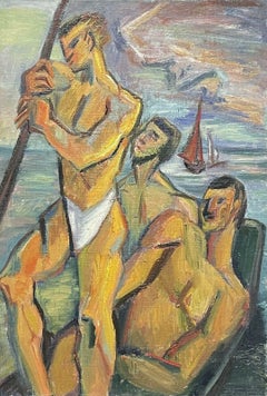 Antique 1950's French Cubist Oil Three Semi Nude Muscular Men in Fishing Boat at Sea