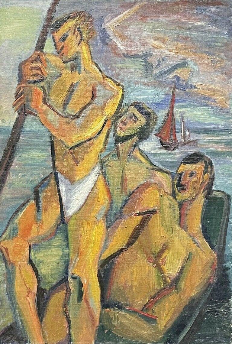 French School Nude Painting - 1950's French Cubist Oil Three Semi Nude Muscular Men in Fishing Boat at Sea
