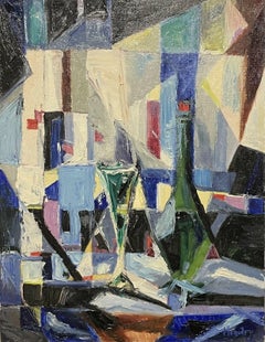 20TH CENTURY FRENCH CUBIST SIGNED OIL - STILL LIFE INTERIOR SCENE WITH BOTTLES