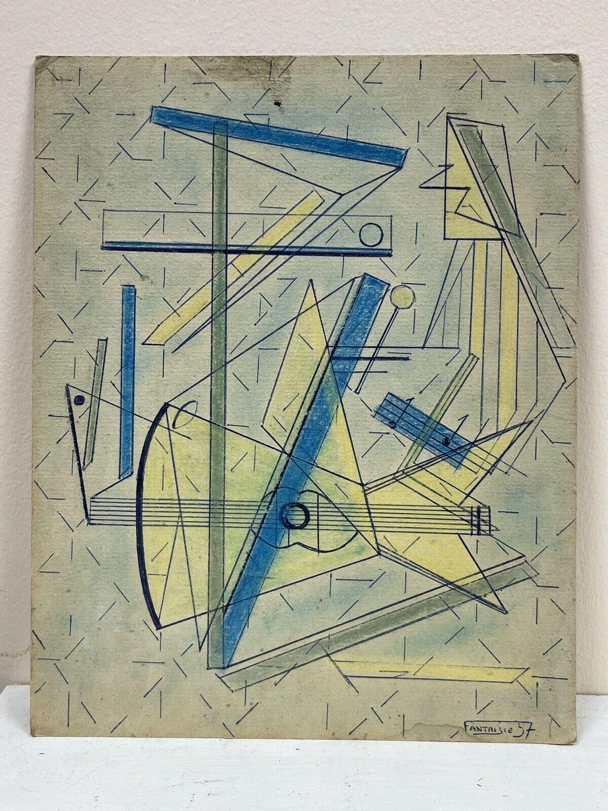 1950's FRENCH GEOMETRIC CUBIST COMPOSITION INK & WASH PAINTING - SIGNED/ DATED 1