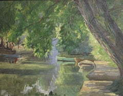 1930s French Impressionist River Landscape Oil Painting Boats Signed