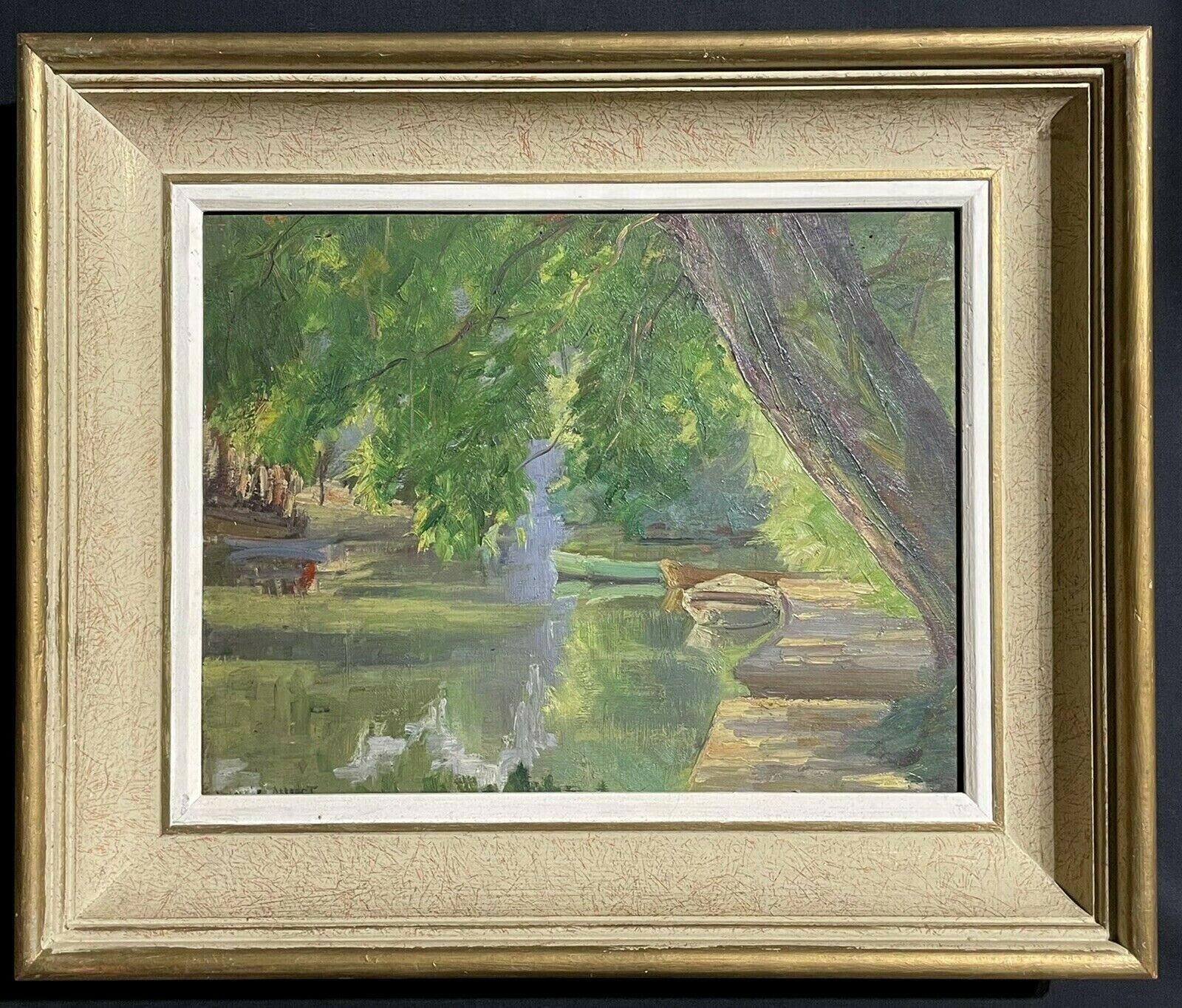 1930's French Impressionist Signed Oil Painting - Tranquil River Landscape Boats
