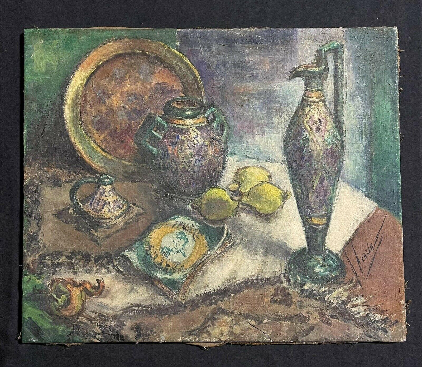 1940's French Still Life Post-Impressionist Signed Oil Still Life Lemons etc - Painting by Unknown